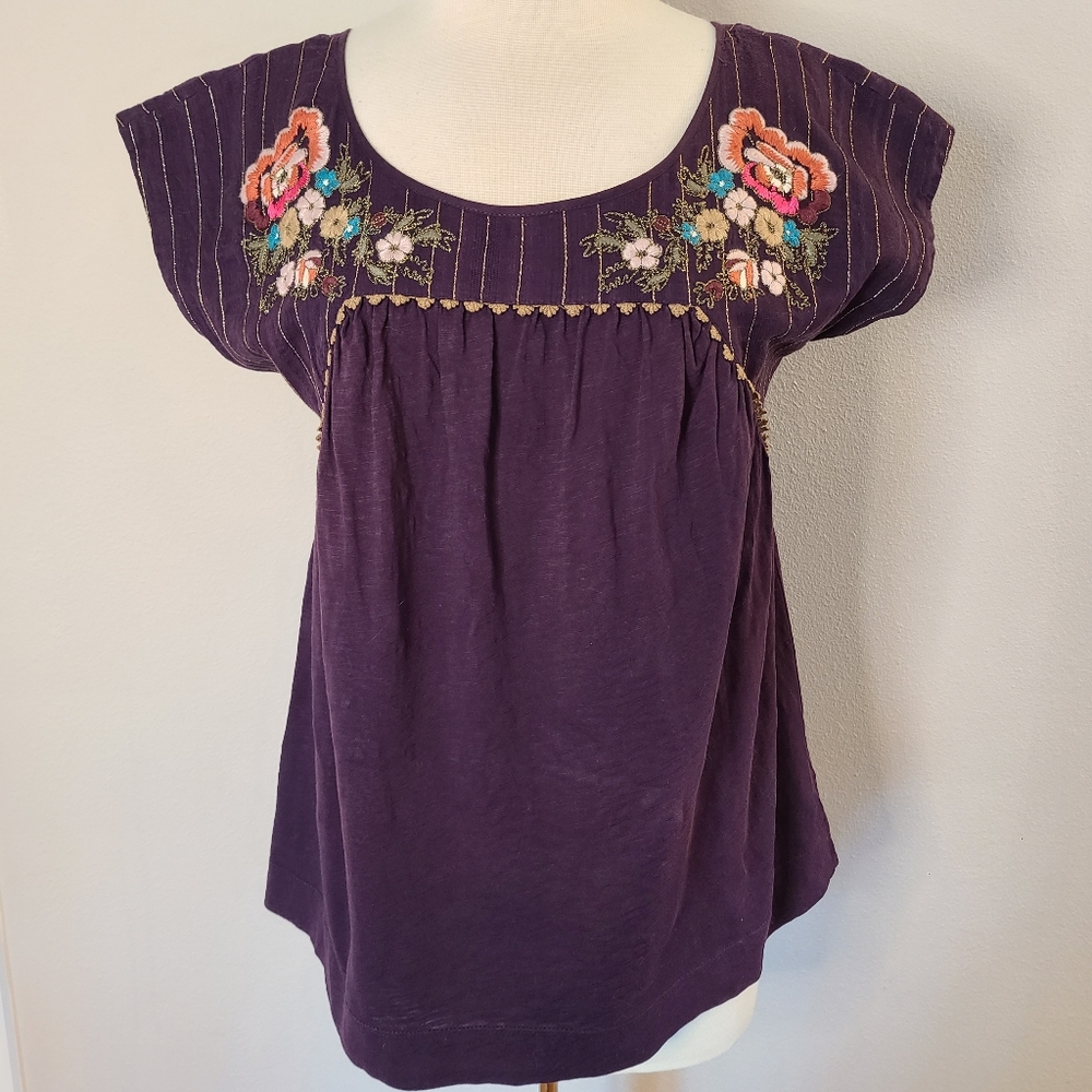 Anthropologie Purple Embroidered Short Sleeve Top
